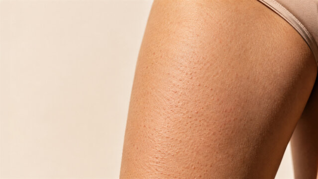 close-up of rough, bumpy skin on upper thigh. Keratosis pilaris and follicular skin texture. Dermatology, skincare and body care concept. Skin health and personal body care