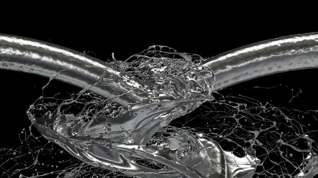 Metallic liquid flowing between two curved silver tubes with splashing droplets and high surface tension