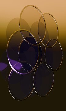 Gold-rimmed 3D glass rings against a peach gradient