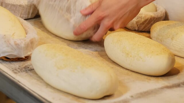 Worker hands take wheat bread with sesame seeds out of proofing baskets closeup. Baker arranges sourdough buns before oven baking in shop