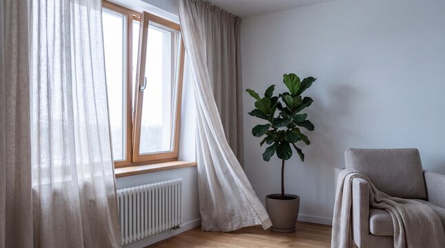 Tilted open window with blowing curtain and plant in living room