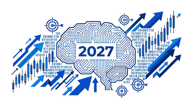 Abstract digital brain graphic with binary code, stock market charts, and rising arrows representing technology trends for 2027