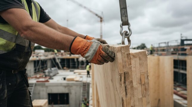 Construction worker guiding a crane suspended cross laminated timber panel into place at a building site