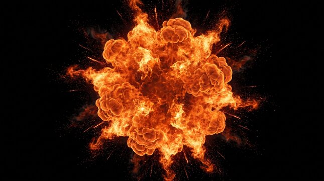 Massive fiery explosion with intense flames and glowing sparks on black background