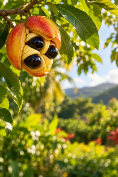 Ripe ackee fruit opened on branch revealing glossy dark seeds and cream arils