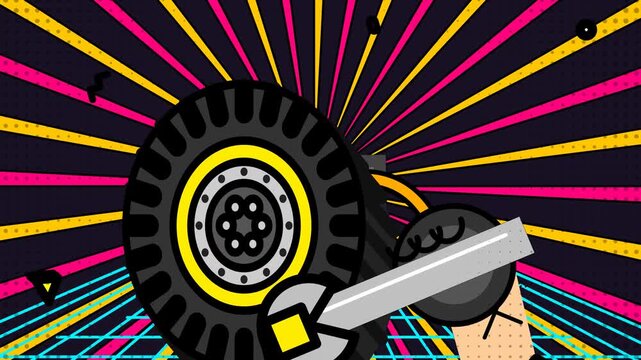 Retro synthwave 2D animation of a hand using a wrench to repair an off-road vehicle tire with comic style clang sound effect on neon grid background