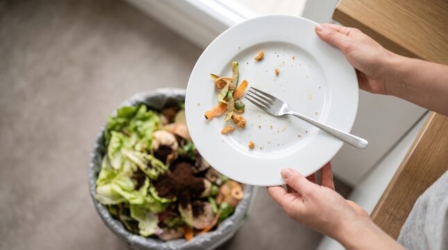 Close up of a person holding a plate with leftover food scraps above a full compost bin representing sustainable waste management and environmental care.