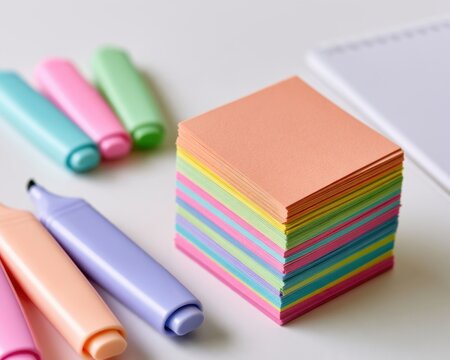 Colorful Sticky Notes Stack and Pastel Highlighters Marker Pens Arranged neatly on White Desk Table, Creative Office Supplies and Educational School Stationery Accessories Setup