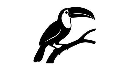 Fototapeta premium Minimalist toucan silhouette icon on branch, black and white tropical bird vector illustration, exotic wildlife logo element
