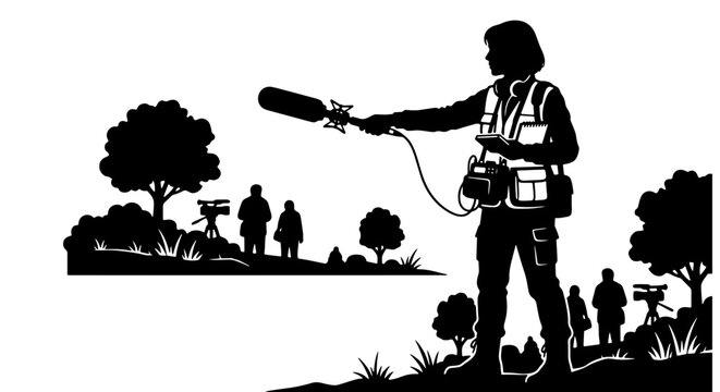 Sound engineer recording outdoor audio, field recordist silhouette with boom microphone, black and white film production vector illustration
