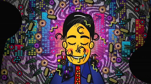 Animated cartoon of a corrupt official crying and drooling against a chaotic psychedelic urban background with coins and abstract shapes