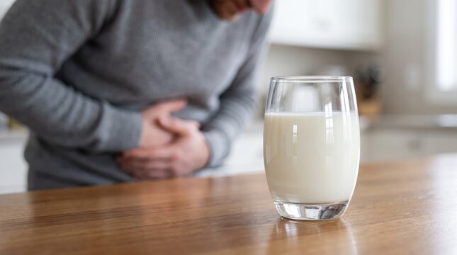 Man suffering from stomach pain or indigestion while standing near a glass of milk on a wooden table, representing lactose intolerance or dairy sensitivity.