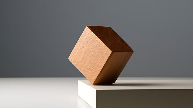 Minimalist wooden cube balancing delicately on a corner surface studio shot representing abstract balance and geometric design concepts