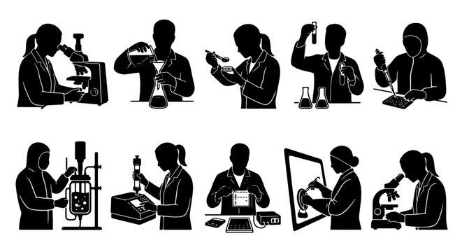 Laboratory scientist silhouette icons, black and white chemistry researcher vector set, 10 science lab worker elements for medical research