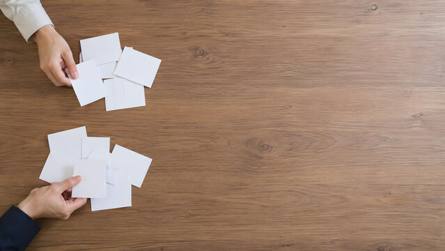 Hands sorting blank cards with copy space on a wooden table