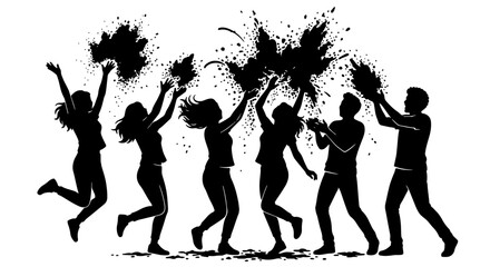 Fototapeta premium Black silhouette of people celebrating Holi festival, crowd throwing color powder paint, cheerful friends jumping at party vector