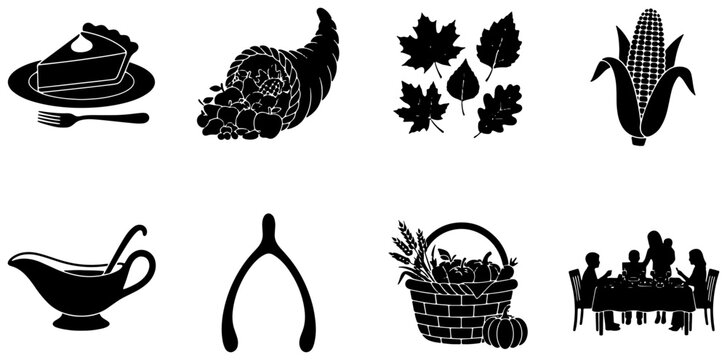 Thanksgiving silhouette icon set, autumn harvest vector clip art, pumpkin pie cornucopia and family dinner symbols for holiday design