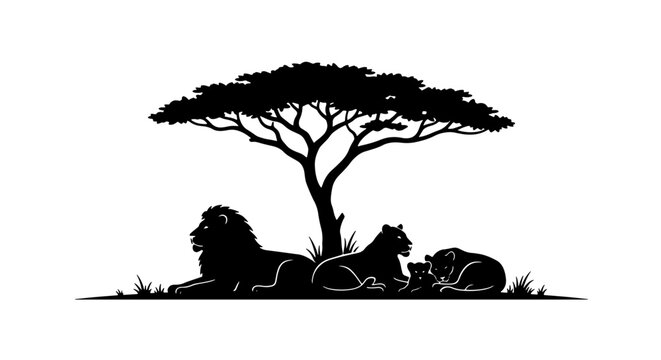 African safari lion family silhouette, male lion lioness and cub under acacia tree, black wildlife vector illustration emblem