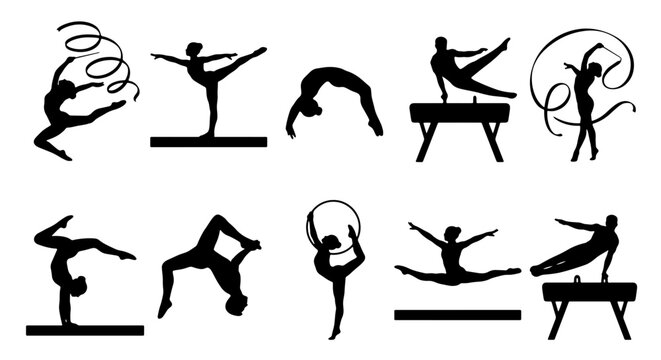 Gymnastics silhouette collection, artistic and rhythmic gymnast vector icons, black athlete shapes for sports design