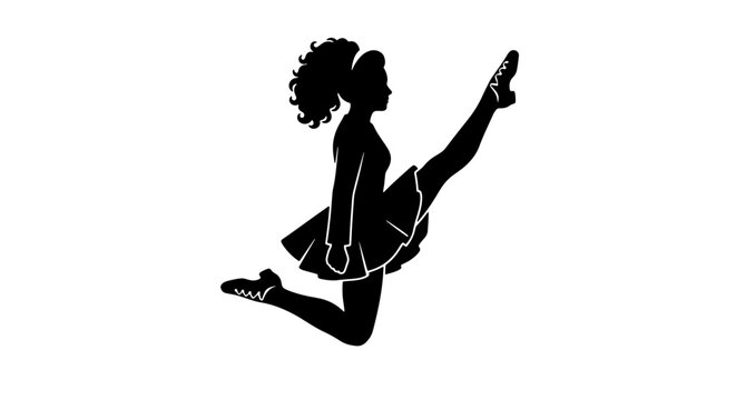 Irish dancer silhouette leaping high, female step dancer vector art, traditional Irish step dancing jump graphic isolated on white
