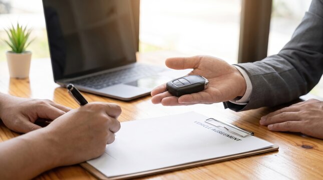 Close up of a car salesman handing over a key fob to a customer who is signing a vehicle purchase agreement at a desk in a professional dealership office.