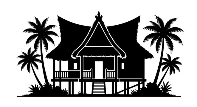 Tropical bungalow silhouette, traditional stilt hut icon, beach resort house graphic with palm trees, island bungalow vector