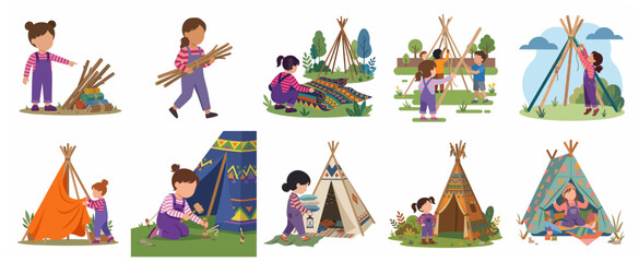 Set of kids building and playing in a teepee tent outdoors, illustration of children setting up a wigwam in the backyard for camping fun. © kacang