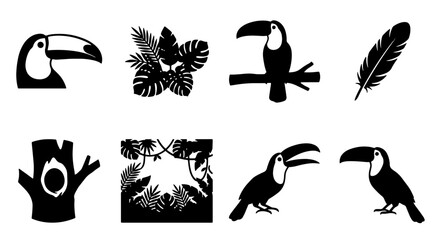 Fototapeta premium Tropical toucan bird silhouette vector icons, black exotic leaf and jungle palm graphics, wildlife flora and fauna silhouette clip art set
