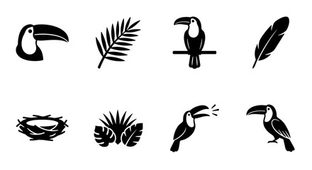 Fototapeta premium Tropical toucan bird vector icons set, minimalist black silhouette jungle wildlife symbols, exotic palm leaf graphics