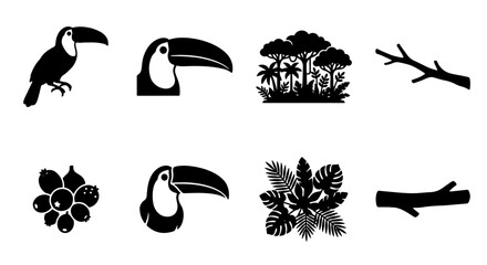 Fototapeta premium Tropical toucan bird silhouette set, black jungle nature icons, exotic rainforest wildlife vector elements, botanical leaves and branch collection