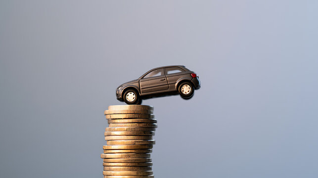 Small toy car balanced dangerously on top of a tall stack of metal coin currency representing financial risk, debt, and economic stability