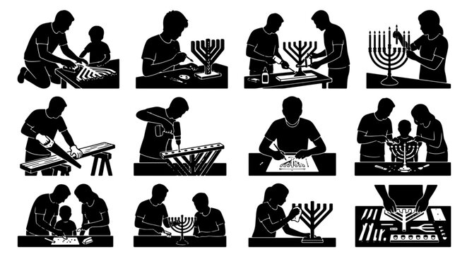 Hanukkah menorah crafting silhouettes set, DIY family building menorah icons, black vector people constructing chanukiah for holiday celebration