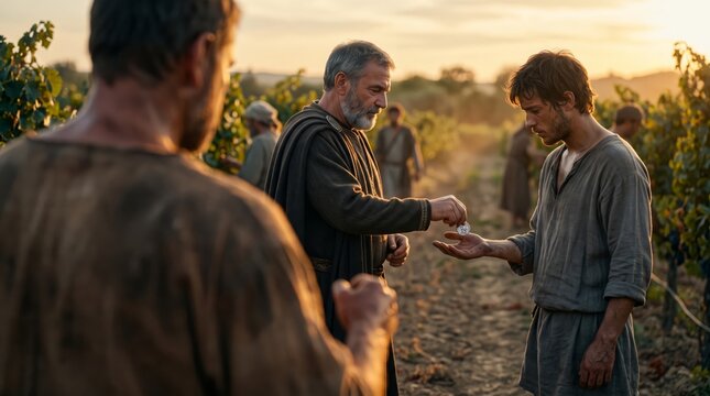 Landowner Pays Worker a Denarius Coin in a Vineyard at Sunset