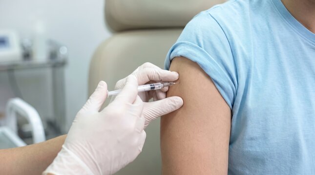 Close up of a doctor in medical gloves giving an injection or vaccine shot to a patient in a clinic, focusing on immunization and health prevention.