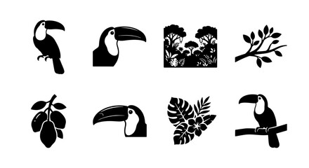 Fototapeta premium Toucan bird icon set, black silhouette tropical jungle elements, exotic rainforest flora and fauna vectors for logo design
