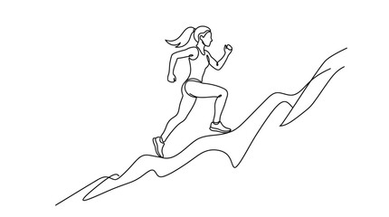 Fototapeta premium Woman running uphill drawn in a minimalist continuous line style symbolizing fitness and endurance.