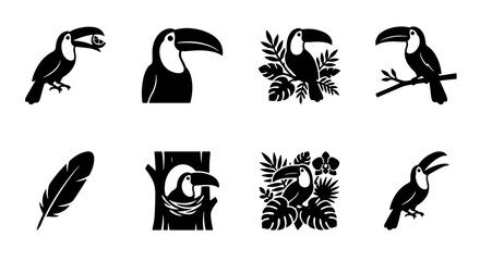 Fototapeta premium Tropical toucan bird vector icons set, black silhouette exotic wildlife collection, 8 jungle animal logo elements for branding