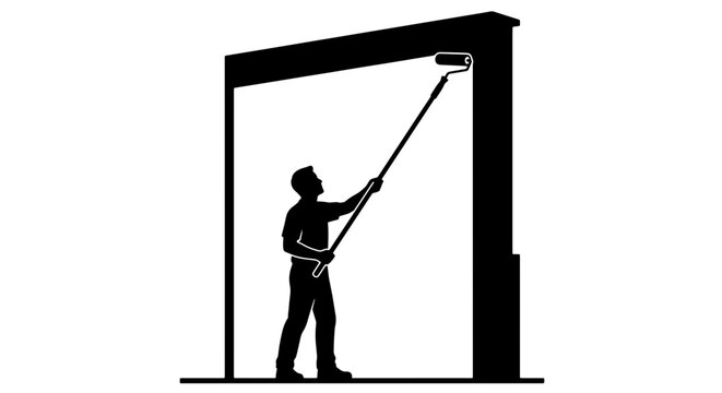 House painter silhouette using paint roller pole, professional wall painter contractor icon, home renovation and interior decorating vector graphic