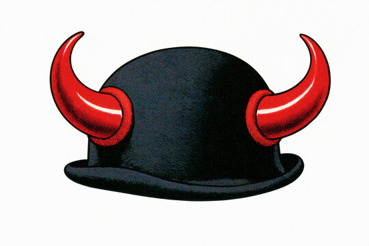 Black bowler hat with red devil horns, comic-style illustration