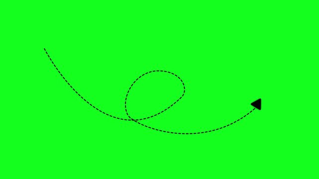 Animated hand-drawn dashed arrow loop path on green screen for motion line