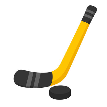 ice hockey stick and a black rubber puck vector illustration
