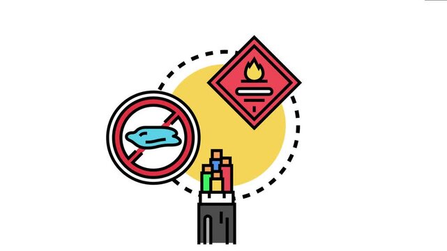 Non flammable cables concept emphasizing fire safety regulations and prevention, showing a warning sign, a no spill symbol, and a cross section of protective wiring