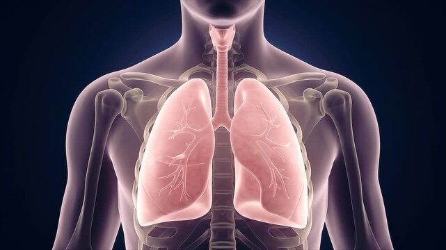 3D medical illustration of the human respiratory system highlighting the lungs and bronchial tree within a transparent male torso showing the rib cage and trachea