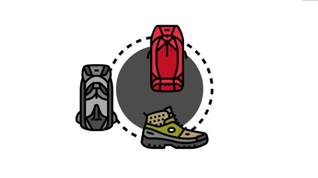 Travel and outdoor gear concept with backpacks and hiking boot arranged in an illustrative circular design, symbolizing adventure, exploration, and the spirit of a wandering ranger