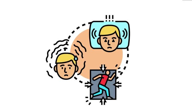 Person experiencing intense fear and anxiety while trying to sleep, characterized by sweating, agitation, and a feeling of being trapped or constricted during nighttime