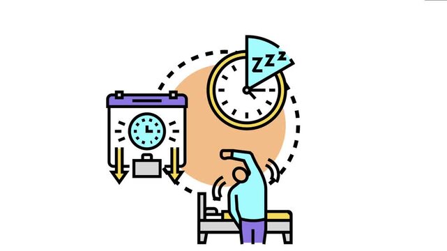 Person waking up, a clock showing sleep time, and a calendar planning daily tasks illustrate the concept of creating a standardized regimen for daily activities and sleep management