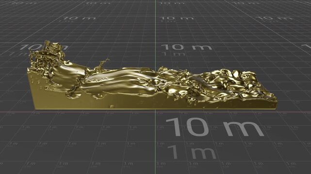 Golden liquid sloshing across a rectangular container in a 3D grid environment with visible measurements