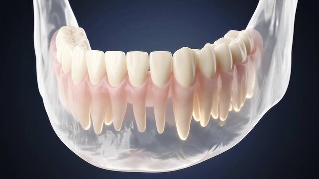 3D medical illustration of a human lower jaw with teeth and roots showing through a transparent mandible bone structure