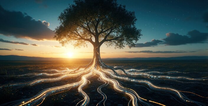 Digital art of tree with glowing fiber optic roots spreading across field at sunset. Concept of green energy, digital network integration. Nature meets technology in futuristic landscape. Eco