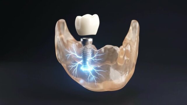 3D illustration of a dental implant procedure showing a porcelain crown being placed onto a titanium screw embedded in a translucent human jawbone with glowing light effects.